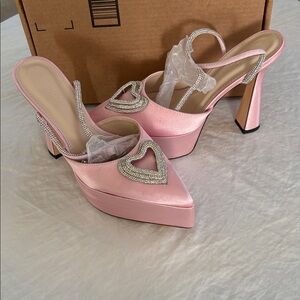 Coutgo PINK SATIN Platform High Heels Rhinestone Heart Pointed Toe 9 1/2